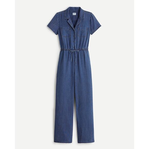 J.Crew Sz 0 Blue Short Sleeve Wide Leg Pinstripe Drawstring Lyocell Jumpsuit 1pc - Picture 1 of 6